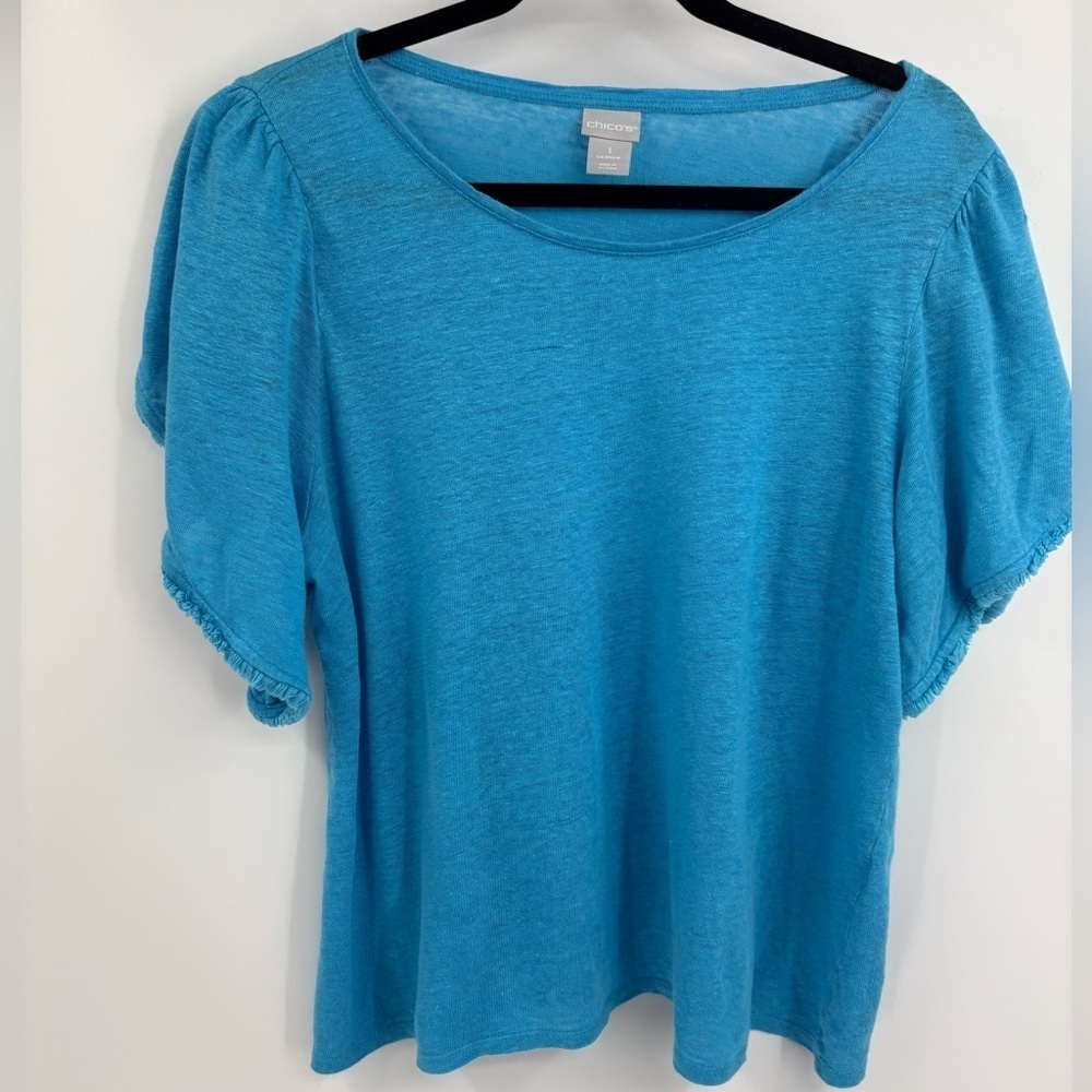 Chico’s linen Blue Knit Top Short Sleeve Scoop Neck Pullover Casual Sz 1 medium
